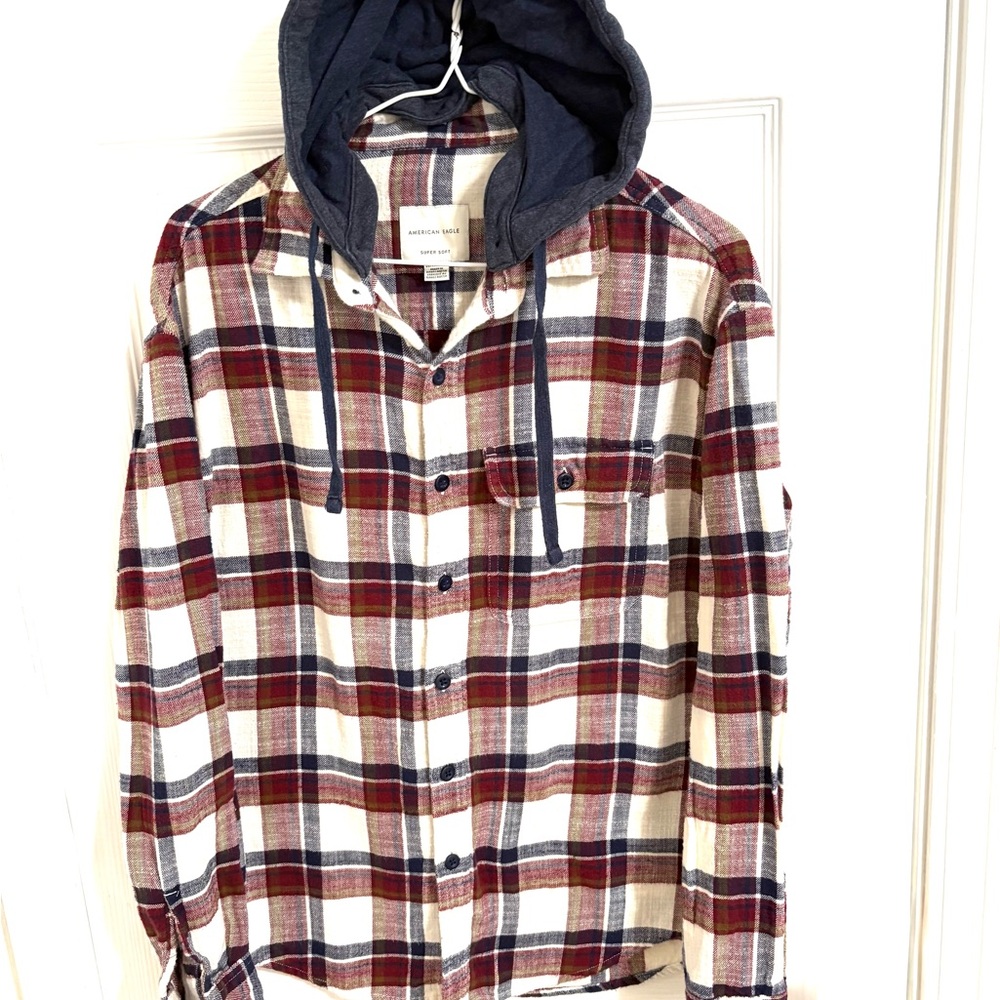American Eagle Outfitters Red and Blue Plaid Hooded Shirt